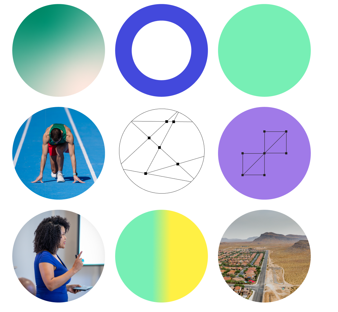 graphic that contains trustweek branded circular framed gradients, graphics and photos